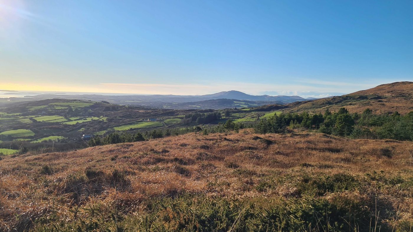 A golden-hour hillside view over green fields towards the sea and coastline