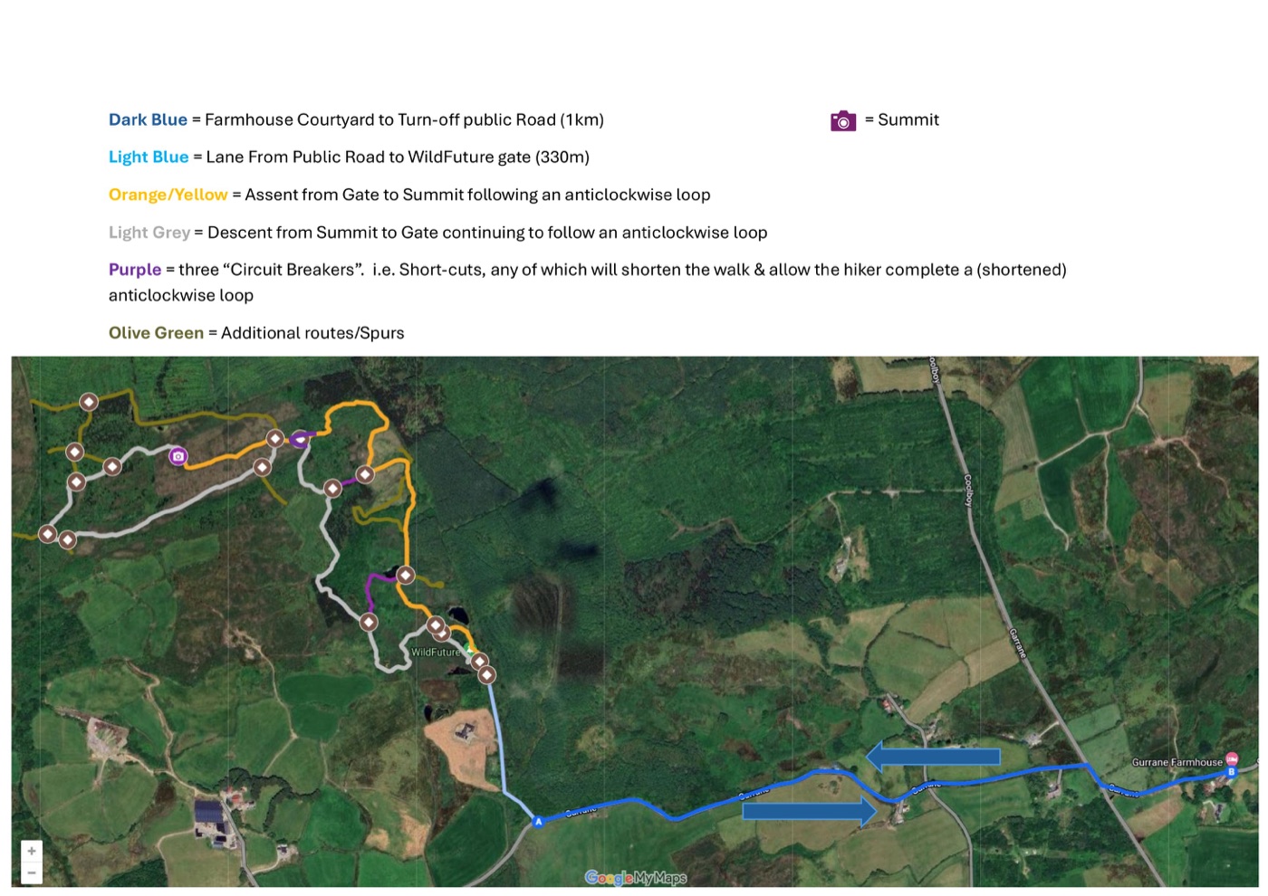 A satellite map showing the WildFuture gate, summit, farmhouse and coloured walking routes across the land